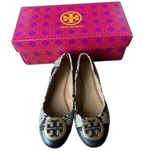 Tory Burch Minnie Cap Toe Snake Print Roccia & Black Leather Ballet Flats, Sz 6